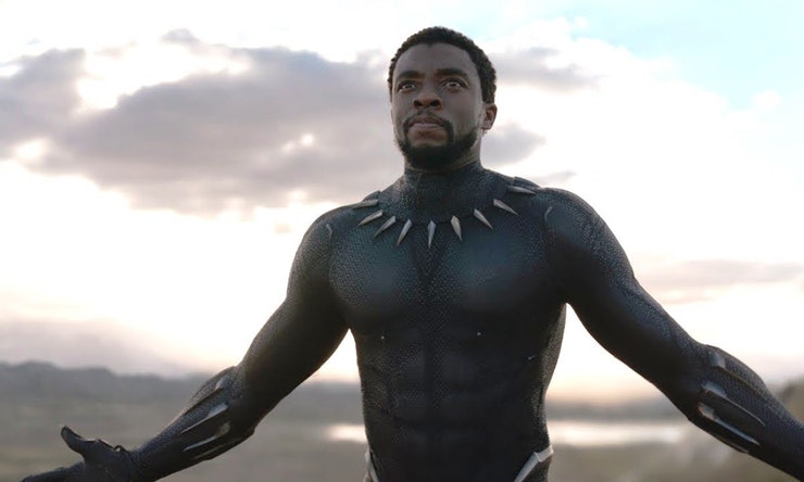 T'Challa, in his Black Panther suit without his mask, walks forward, arms slightly outstretched, in the open landscape of Wakanda. 